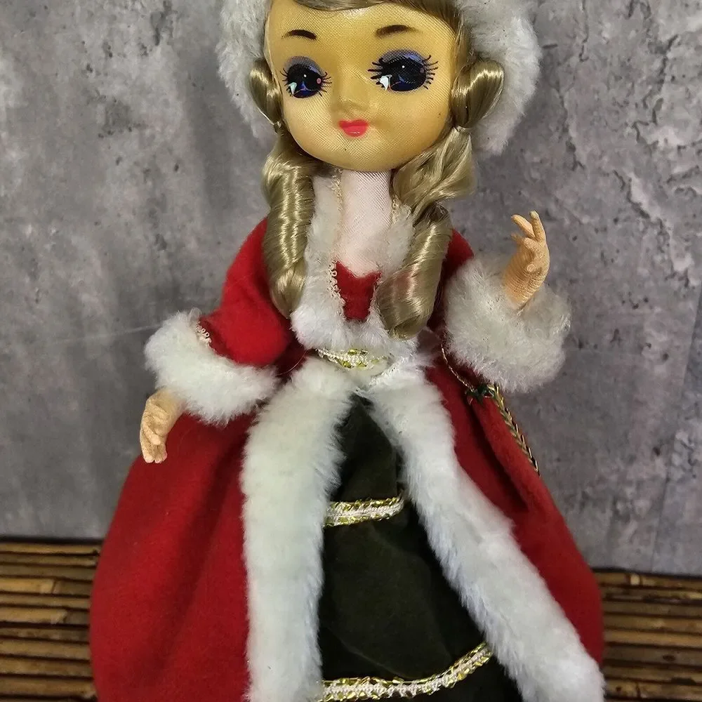 Vintage 70s Christmas Big Eye Stocking Doll Turning Music Box Silent Night AS IS